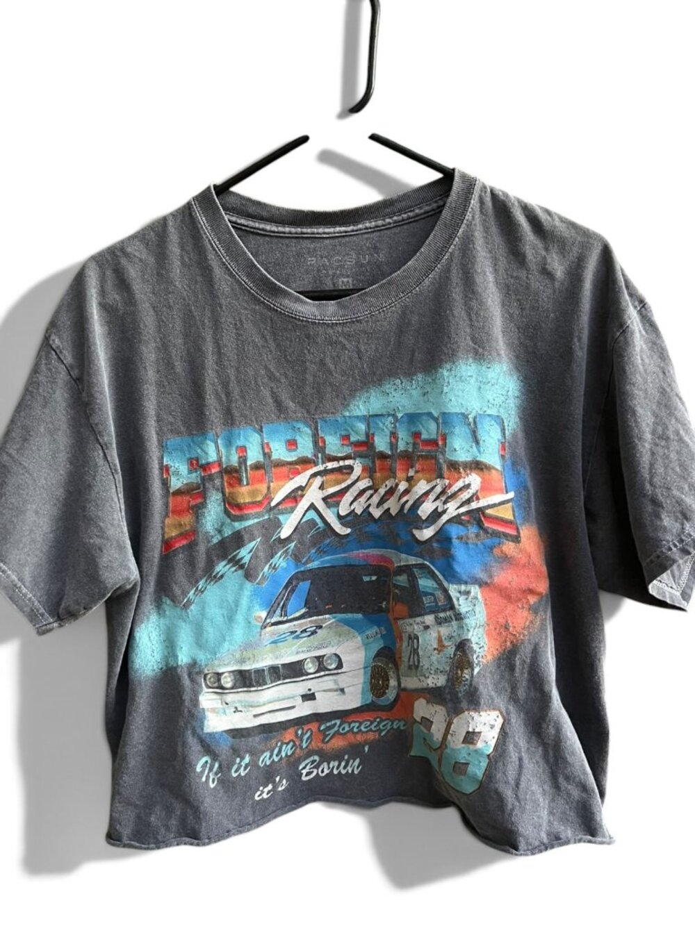 PacSun Foreign Racing Car Faded Charcoal Gray Crop Top Tee Size M